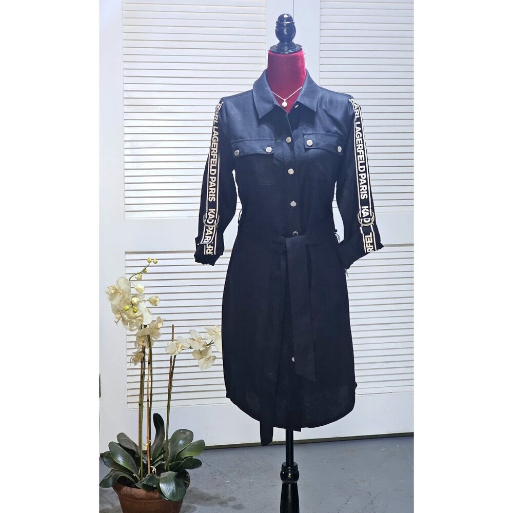 Karl Lagerfeld Paris Women's Black Linen Blend Logo Tape Shirtdress Sz 4 2444 - Picture 1 of 16